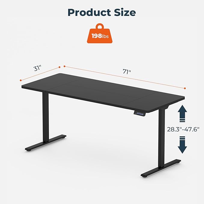 Standing Desk, Large Stand Up Desks, 71x31 Inches Electric Sit Stand Desks , Adjustable Height Computer Table Charging USB Port&Sedentary Reminder for Home Office with Splice Board (Black)