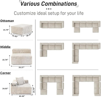 WJShome Oversized Modular Sectional Sofa Couch,4 Seater Corduroy 181.1" Convertible Sofa & Couch Free Combination for Living Room,Beige