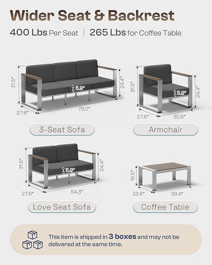 Aluminum Patio Furniture Set, 5 Seats Outdoor Patio Conversation Sets with Ergonomic Seat and Wide Washable Thick Cushions, Modern Outdoor Sectional Furniture for Balcony, Porch (Charocal)