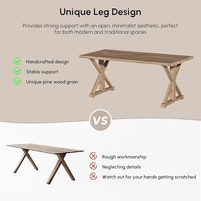 homary 70.9" Rustic Solid Wood Desk, Home Office Desk with Trestle Base, Executive Writing Table for Home Office, Study Room or Dining Space, Natural Finish