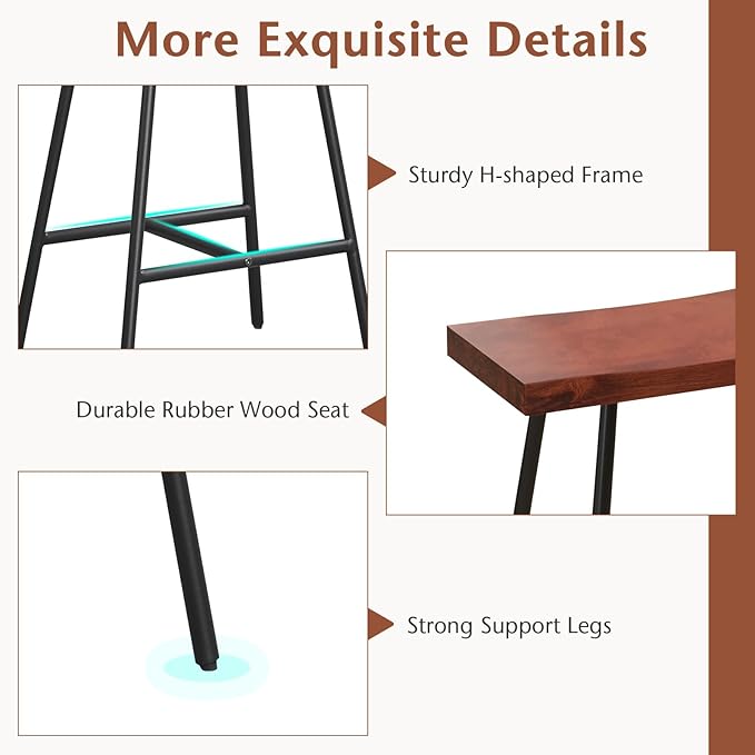 COSTWAY Industrial Bar Stools, 24-inch Backless Counter Height Saddle Stools with Footrest, Metal Legs, Adjustable Foot Pads, Barstools for Kitchen Island Cafe Restaurant, Walnut+Black (Set of 2)