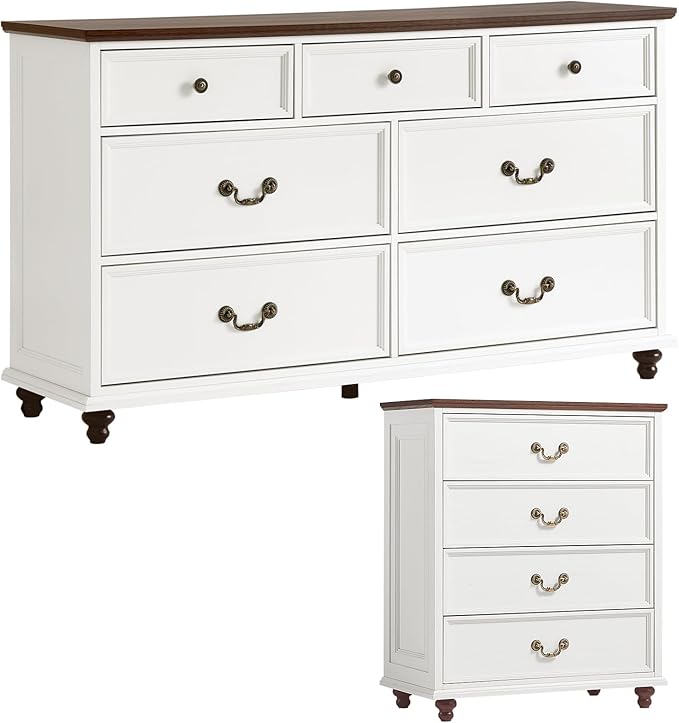 Bedroom Sets, 54" Wide 7 Drawers Dresser and 37" Tall 4 Drawers Dresser, Wooden 2 Piece Bedroom Furniture Set, Chest of Drawer for Bedroom, Home, Living Room, Hallway, White