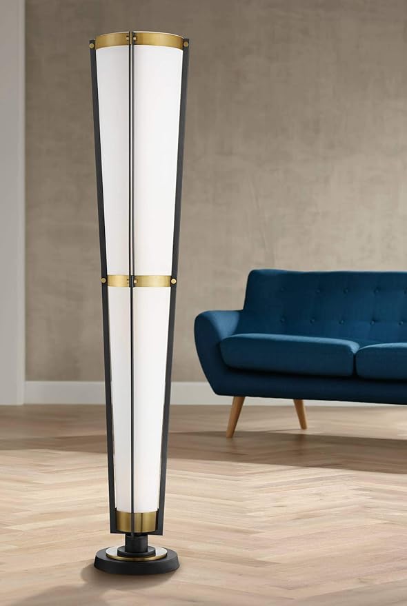 Possini Euro Design Vista Mid Century Modern Style Torchiere Lamp 4-Light 68" Tall Antique Brass Gunmetal Gray Off White Linen Cone Shade Decor for Living Room Reading House Bedroom Home Office