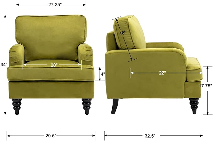 Velvet Upholstered Accent Chairs Set of 2 Modern Single Sofa Chair with Thick Removable Back Cushion and Black Printed Legs Armchair for Living Room/Bedroom/Reading, Olive Green
