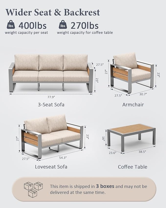 ZANDOR Outdoor Aluminum Patio Furniture - 1 Pcs 3-Seat, All-Weather Metal Modern Outside Sofa with Washable Thick Cushion for Garden/Backyard/Porch, Silver