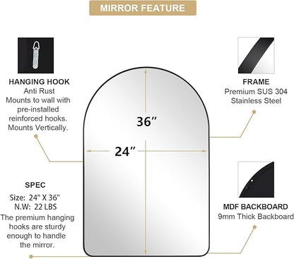 ANDY STAR Arched Mirror, 24 x 36 Inch Black Wall Mirror in Stainless Steel Metal Frame, Arch Top Rounded Corner 1 Inch Deep Set Design Wall Mount Hangs Vertical
