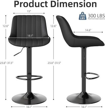Youhauchair Bar Stools Set of 2, Swivel Counter Height Barstools with Back, Adjustable PU Leather Bar Chairs, Modern Armless Kitchen Island Stool, Black