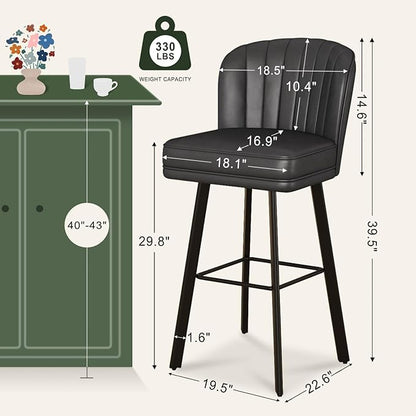 Swivel Counter Height Bar Stools Set of 3, 30'' Modern Barstools with Backs and Metal Legs, Upholstered Bar Chairs, Faux Leather Black Stools for Kitchen Island Chairs