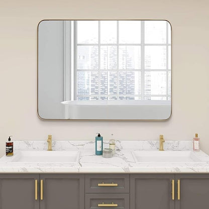 ANDY STAR 36”x48”Gold Bathroom Mirror for Wall, Brushed Brass Metal Rounded Corner Rectangle Mirror, Wall Mirror in Stainless Steel Metal Frame, 1”Deep Set Design Hangs Horizontal Or Vertical