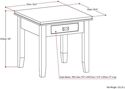 SIMPLIHOME Artisan SOLID WOOD 21 inch wide Square End Table End Side Table in Natural Aged Brown with Storage, 1 Drawer, for the Living Room and Bedroom