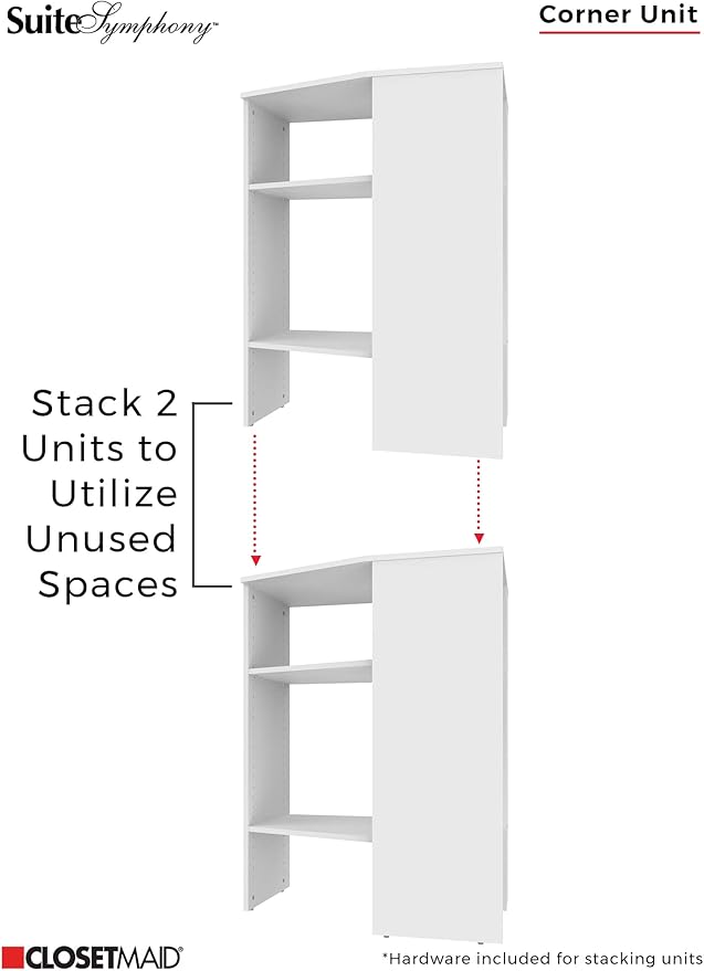 ClosetMaid SuiteSymphony Wood Corner Shelf Unit, 2 Shelves, Adjustable, Stacking, For Storage, Closet, Clothes, Shoes, Décor, Pure White, 41.13" X 19.63" X 31.75" Corner Unit