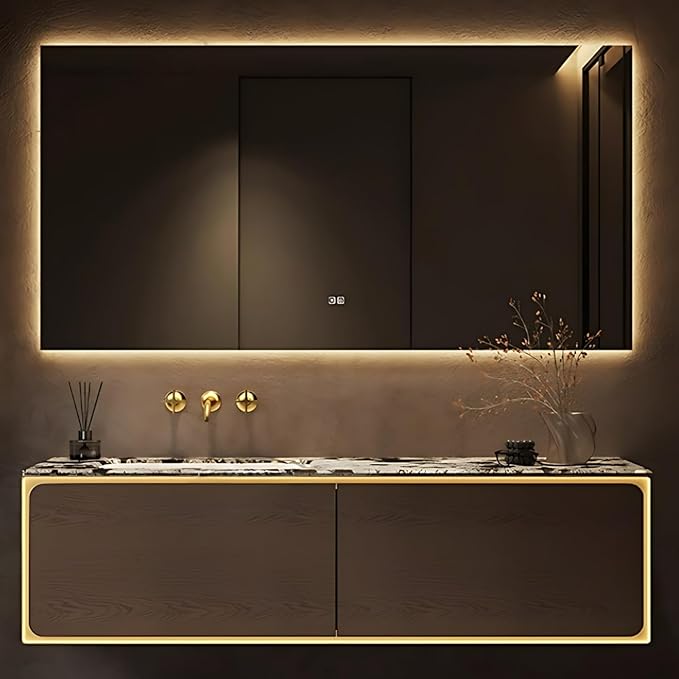 56IN Bathroom Vanity Set with a Single Sink - Embedded Sensor Light Strip & Large Capacity Floating Cabinet | Modern Bathroom Vanities with Defogging Mirror Surface & LED Lighting (Mirror)