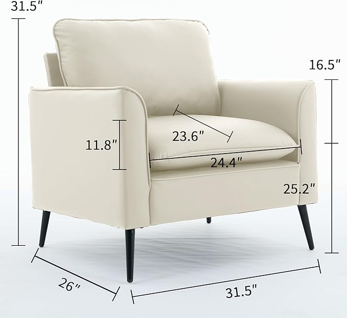 YISHENG Mid-Century Modern Living Room Accent Chairs Set of 2 - Oversized Faux Leather Armchairs with Removable Cushions & Metal Legs, Comfortable Sofas for Office/Lounge/Bedroom/Reception,Cream