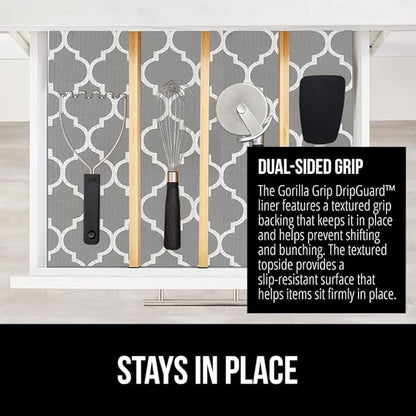 GORILLA GRIP DripGuard Shelf Liner, Non Adhesive Drawer and Kitchen Cabinet Protector, Slip Resistant BPA Free Smooth Surface Plastic Liners for Cabinets, Bathrooms, Closets, 12x240 Inch, White Gray