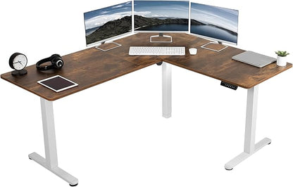 VIVO Corner Standing Desk, 63 x 55 inch Reversible L-Shaped Workstation, Electric Height Adjustment, Home, Office, and Reception Rooms, Rustic Vintage Brown Table Top White Frame, DESK-E3CTWN