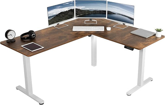 VIVO Corner Standing Desk, 63 x 55 inch Reversible L-Shaped Workstation, Electric Height Adjustment, Home, Office, and Reception Rooms, Rustic Vintage Brown Table Top White Frame, DESK-E3CTWN