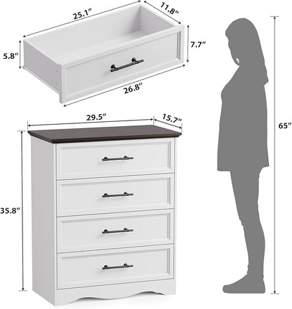 White Farmhouse Dresser for Bedroom, 36" Tall 4 Drawer Chest with Sleek Brushed Metal Handles, Modern Wood Storage Cabinet with Unique Base Design, Closet Organizer for Bedroom, Living Room, Hallway