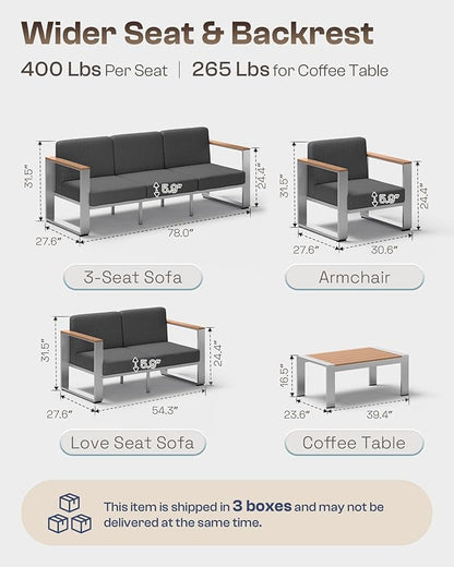 Aluminum Outdoor Furniture Set, 4 Seats Outdoor Patio Conversation Sets with Ergonomic Seat and Wide Thick Cushions, Modern Patio Sectional Furniture for Balcony, Porch (Teak-Charocal)