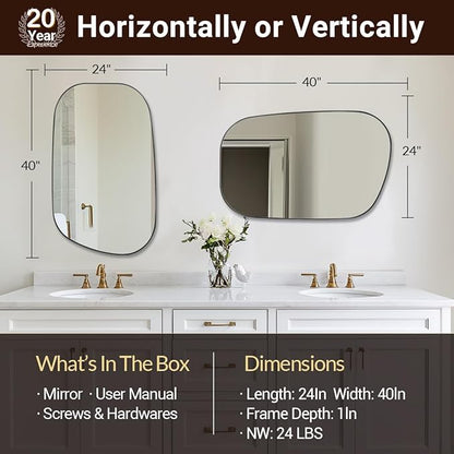 ANDY STAR 24"x40" Asymmetrical Wall Mirror，Brushed Nickel Irregular Bathroom Mirror with Stainless Steel Metal Frame, Wall-Mounted Mirror for Bathroom, Entryway (Horizontal/Vertical)