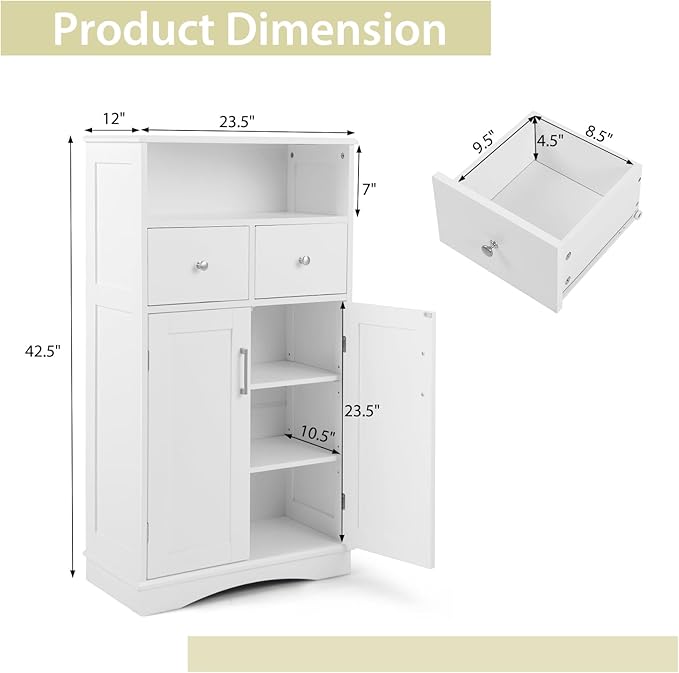 Giantex Bathroom Floor Storage Cabinet - Freestanding Storage Cabinet with 2 Doors, 2 Drawers, 2 Adjustable Shelves, Storage Organizer for Living Room, Bathroom, Kitchen, Hallway Cabinets (White)