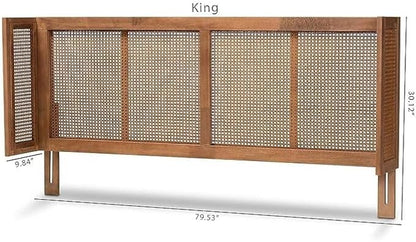 Eclectic Escape Mid-Century Modern Ash Wanut Finished Wood and Synthetic Rattan Wrap-Around Headboard King