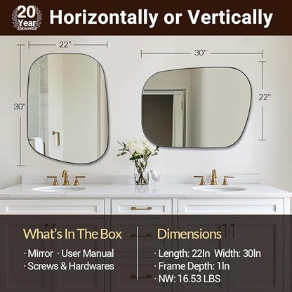 ANDY STAR 22"x30" Chrome Bathroom Mirror, Irregular Wall Mirror in Stainless Steel Metal Frame, Modern Polished Chrome Finish with Curved Edge Design, Wall-Mount Vertically or Horizontally