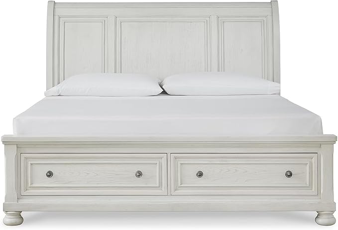 Signature Design by Ashley Robbinsdale Casual King Sleigh Platform Bed with 2 Drawers, Foundation or Box Spring Not Needed, White