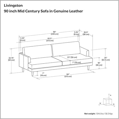 SIMPLIHOME Livingston 90-inch Wide Sofa in Sienna Top Grain Genuine Leather, Handcrafted Mid-Century Modern Couch for Living Room, Large 3-Seater with Feather-Wrapped Cushions and Solid Wood Frame