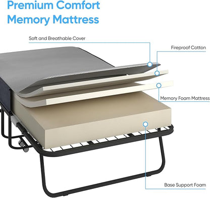 Mjkone Folding Bed with Mattress for Adults, Rollaway Bed with 4 Inch Memory Foam, Space Saving Portable Bed with Lockable Wheel, Sturdy Fold Up Frame and Memory Foam for Bedroom/Guest (75" x 46")
