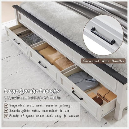 ACCOHOHO Farmhouse King Size Bed Frame with 52" Tall Headboard, Wood Platform Bedframe with Footboard and Storage Drawers, No Squeak, No Box Spring Needed, Off White