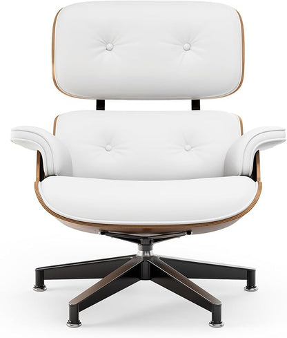 Top White PU Leather, Mid Century Chaise Lounge Chair and Ottoman, Modern Chair Classic Design, Walnut Wood, Heavy Duty Base Support for Living Room Office