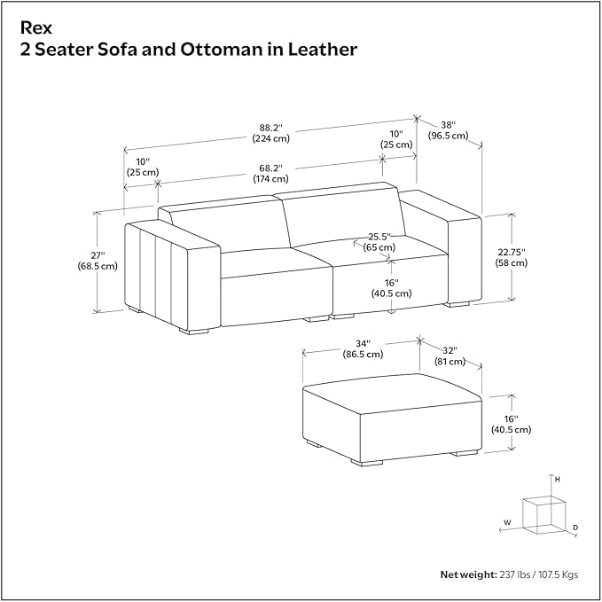 SIMPLIHOME Rex Modular Sofa and Ottoman Set in Full-Grain Genuine Leather, Caramel Brown, 88-inch-Wide 2-Seater Leather Couch and Matching 34-inch-Wide Table Ottoman for Living Room