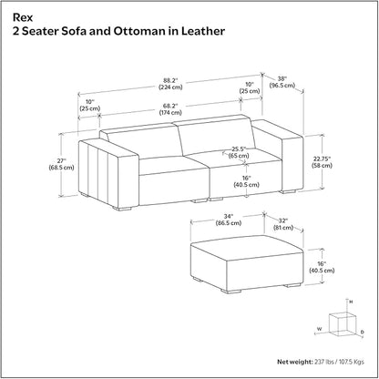 SIMPLIHOME Rex Modular Sofa and Ottoman Set in Full-Grain Genuine Leather, Caramel Brown, 88-inch-Wide 2-Seater Leather Couch and Matching 34-inch-Wide Table Ottoman for Living Room