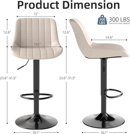 Youhauchair Bar Stools Set of 2, Swivel Counter Height Barstools with Back, Adjustable PU Leather Bar Chairs, Modern Armless Kitchen Island Stool, Beige