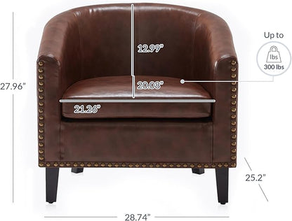 BELLEZE Accent Barrel Chair, Set of 2 Modern Faux Leather Tub Club Chair Upholstered Armchair with Gold Nail Head Trim and Black Legs for Living Room Bedroom Apartment Lounge - Brown