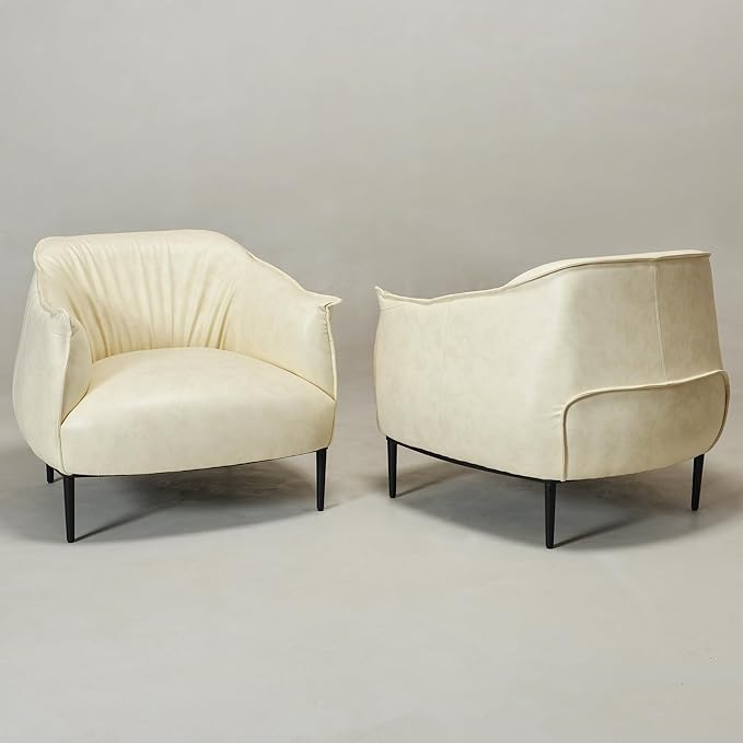 KINWELL 33" W Faux Leather Barrel Chairs Set of 2 with Hand-Tufted Pleated Back Flared Arms, Modern PU Upholstered Accent Chairs with Metal Legs, Large Armchairs Lounge Chairs for Living Room, Cream