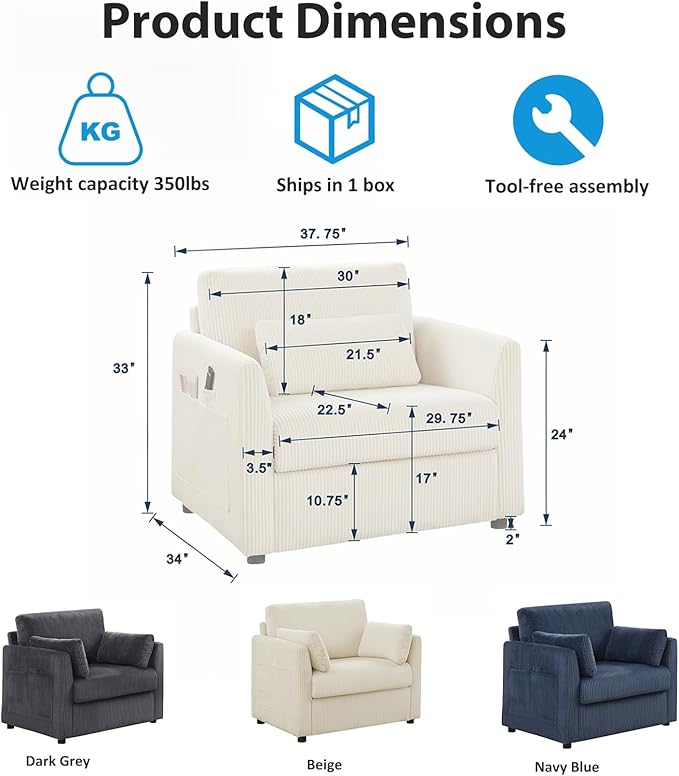 Modern Corduroy Accent Chairs, 38" W Comfy Armchair with Soft Pillows and Side Pockets, Single Reading Chairs for Living Room, Bedroom, Apartment, Navy Blue