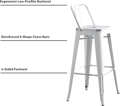 AC Pacific 30” Metal Barstool Set of 2 – Country Rustic Style with Low Back, Lightweight & Sturdy Build, Easy Assembly – Distressed White