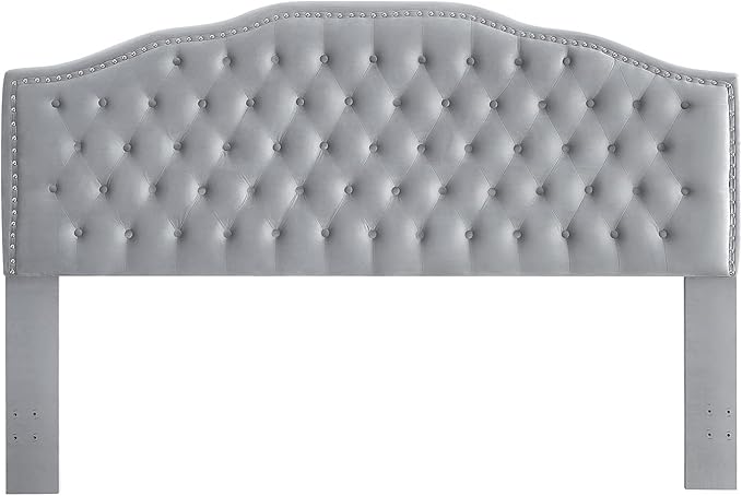 24KF Upholstered Button Tufted King Size Headboard with Nailhead Trim, Soft Velvet Fabric Headboard King/Cal King Size, Gray