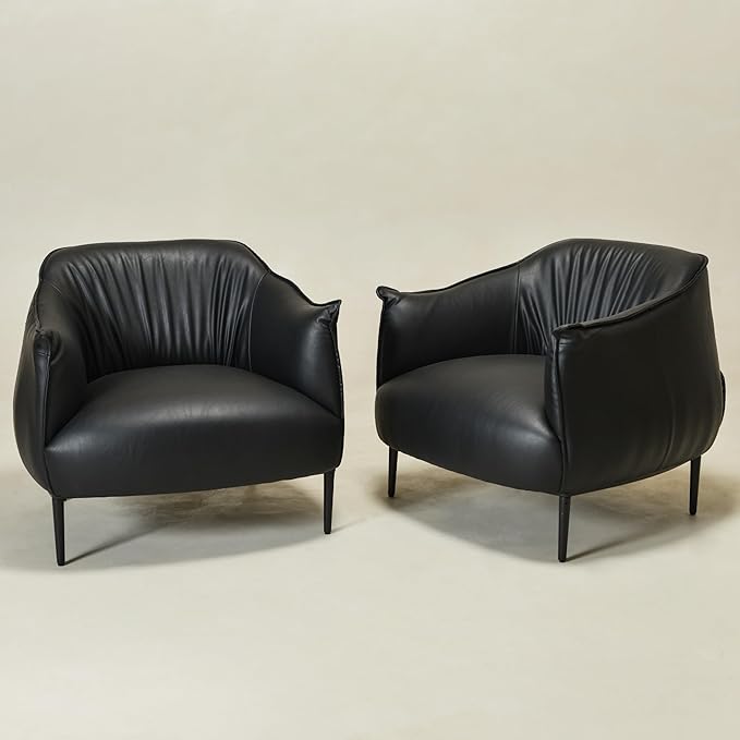 KINWELL 33" W Faux Leather Barrel Chairs Set of 2 with Hand-Tufted Pleated Back Flared Arms, Modern PU Upholstered Accent Chairs with Metal Legs, Large Armchairs Lounge Chairs for Living Room, Black