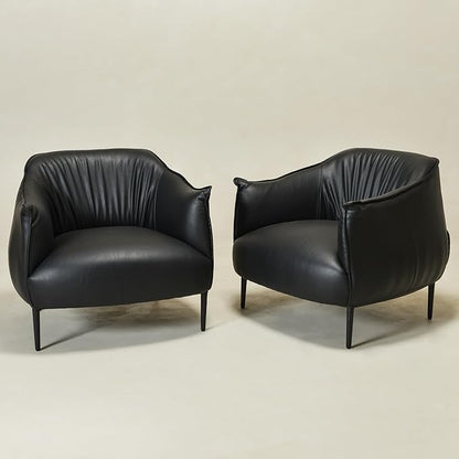 KINWELL 33" W Faux Leather Barrel Chairs Set of 2 with Hand-Tufted Pleated Back Flared Arms, Modern PU Upholstered Accent Chairs with Metal Legs, Large Armchairs Lounge Chairs for Living Room, Black