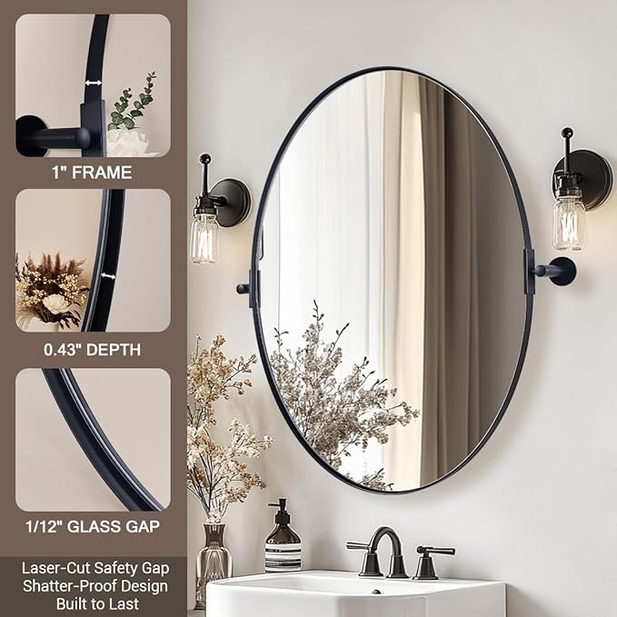 ANDY STAR Black Mirror for Bathroom, 24 x 32 Inch Oval Wall Mirror with Stainless Steel Metal Frame, Pivot Vanity Mirror Vertical Hanging for Modern Style Room