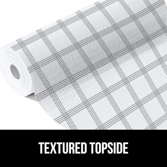 GORILLA GRIP DripGuard Shelf Liner, Non Adhesive Drawer and Kitchen Cabinet Protector, Slip Resistant BPA Free Smooth Surface Plastic Liners for Cabinets, Bathrooms, Closets, 17.5x240 Inch Gray Stripe