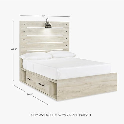 Signature Design by Ashley Cambeck Farmhouse Full Panel Platform Bed with 2 Storage Drawers, Cubbies, Sconce Light and USB Ports, Foundation or Box Spring Not Needed, Whitewash