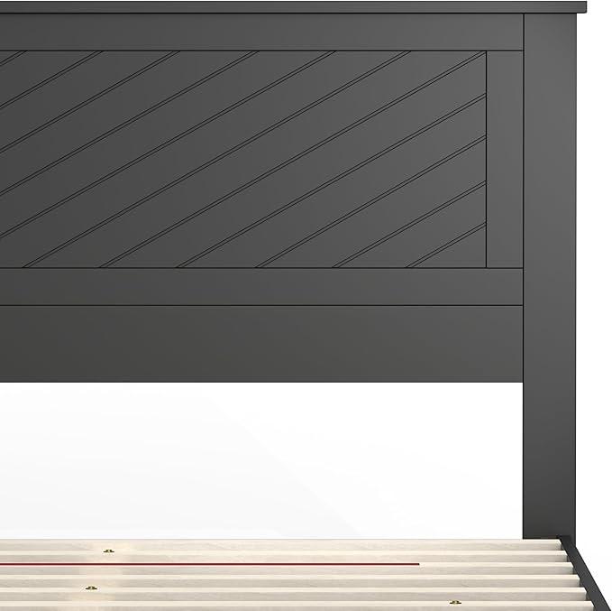 Serene Farmhouse Style Wood Bed in King Size with Chevron Scoring Headboard, Coastal Modern Design, Sturdy, Easy Assembly, Ample Underbed Storage, Black Finish