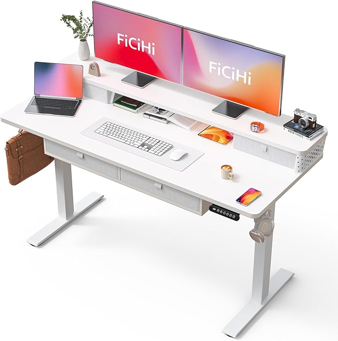 FiCiHi Adjustable Height Standing Desk with 4 Drawers,55 x 24 inches Electric Sit Stand Home Office Desk with Two Tiers, 3 Memory Presets, Monitor Stand Riser