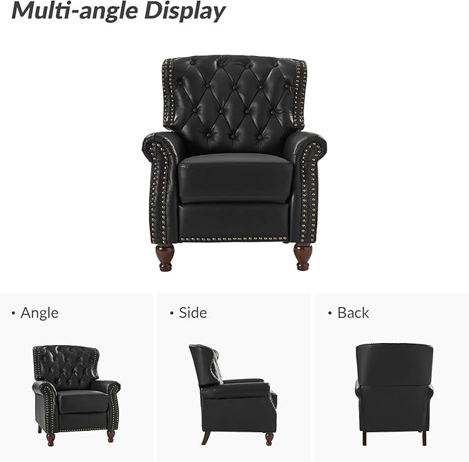 HULALA HOME Genuine Leather Recliner Chair with Solid Wood Feet, Modern Adjustable Tufted Push Back Arm Chair w/Rivet Decoration, Home Theater Seating Single Reclining Sofa for Living Room, Black