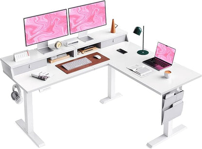 ErGear L Shaped Electric Standing Desk, 63" Ergonomic Corner Height Adjustable Desk with Drawers, Sit Stand Computer Table with Storage for Work Office Home, White