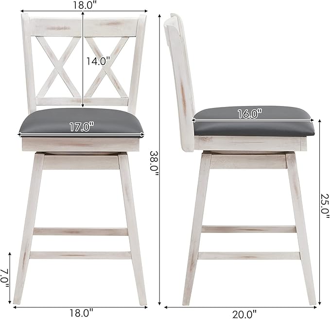 COSTWAY Bar Stool Set of 2, 360° Swivel Counter Height 25inch Bar Stool with Foot Rest Upholstered Cushion & Ergonomic Backrest, Sturdy Frame, for Pub, Kitchen Islands (2, Antique White + Grey)