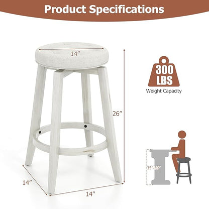 COSTWAY 360° Swivel Bar Stools Set of 4, 26-inch Height Vintage Upholstered Rubberwood Backless Bar Chairs with Footrest, Retro Kitchen Counter Stools for Kitchen Island Dining Room Home Bar, White